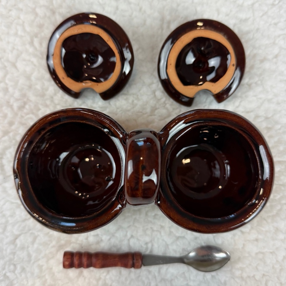 (VTG) Brown/Tan Ceramic Double Condiment Caddy Dish with Spoon - Picture 7 of 15